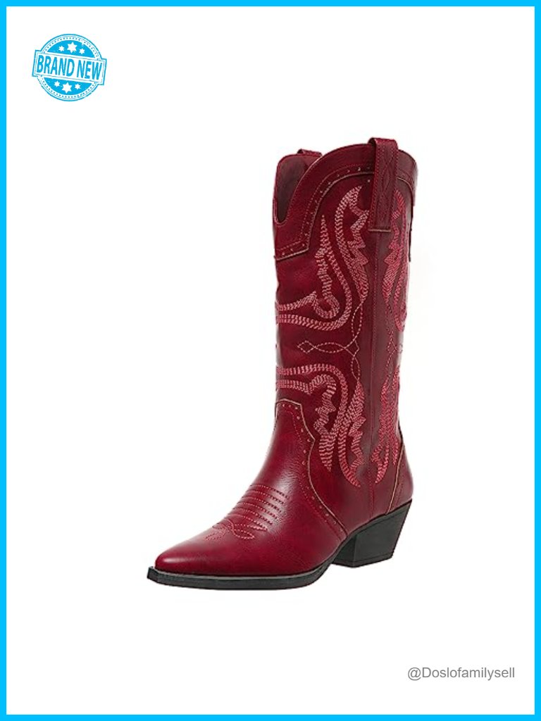 Women Cowboy Boots Mid Calf Western Embroidered Stitched Pointed Toe Chunky